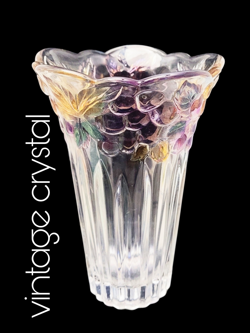 Vintage Crystal Scalloped Rim Vase with Purple and Gold Grape Vine Accents